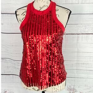 Crave Fame Tank Top Women S Red Sleeveless Sequin Front Knit Back Crew Neck NEW